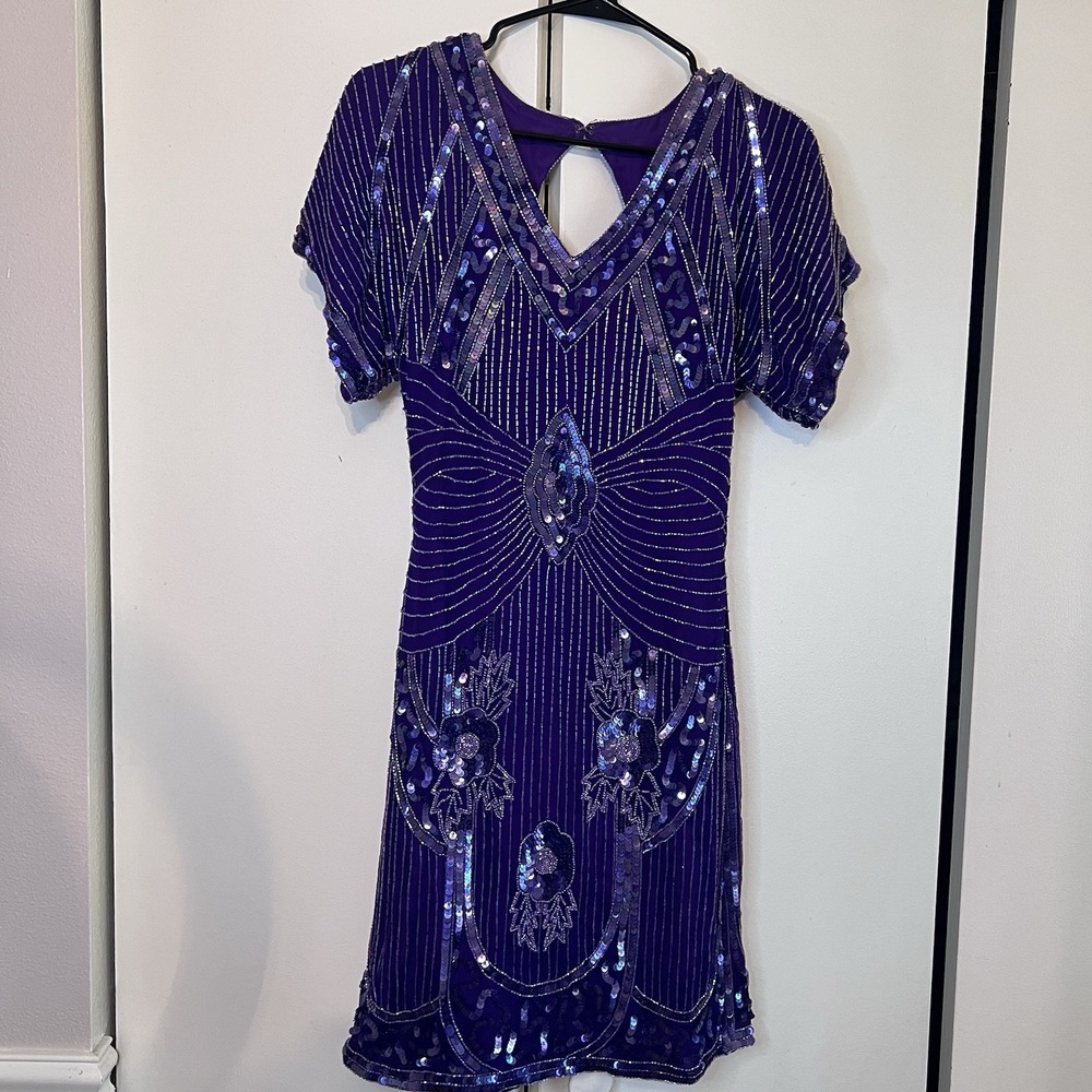 Vtg Scala Silk Beaded Sequin Dress Petite S Purple Keyhole‎ Back Cocktail Party